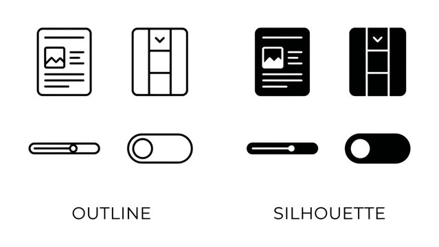 UI Element Designs: A collection of outline and silhouette icons representing user interface elements, including sliders, toggles, and layout previews, ideal for web and app design.
