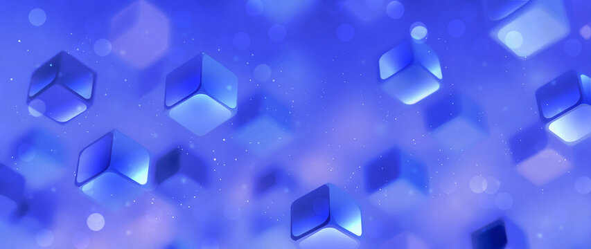 Abstract Blue Floating 3D Cubes Background with Neon Glow and Bokeh Effects