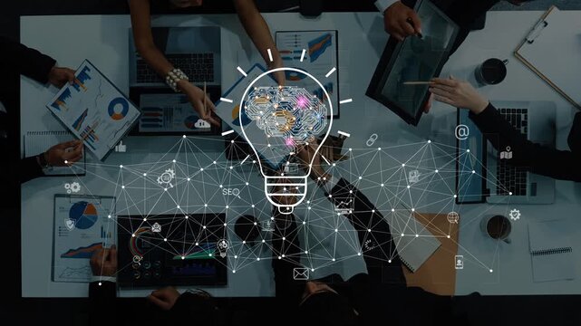 A dynamic meeting scene showcasing business professionals collaborating with visual data. The creative lightbulb symbolizes innovation and strategic thinking in the modern workspace. Raster