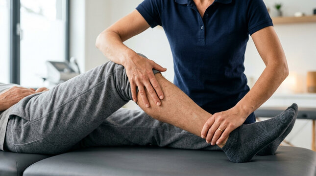Physical therapist massaging man's leg on examination table