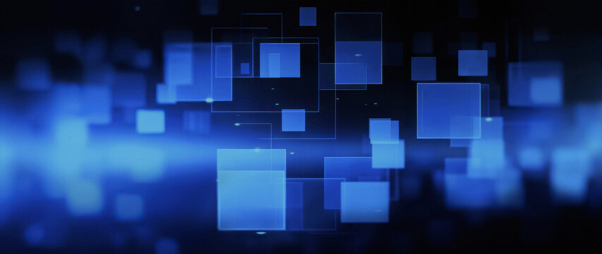 Abstract Dark Blue Technology Background with Floating Digital Squares and Cyber Network Lines