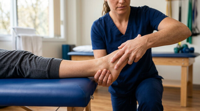 Physical Therapist Massaging Patient's Ankle on Examination Table