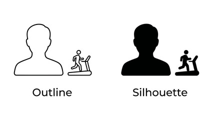 Fototapeta premium Running Icon: A simple graphic representation showing both an outline and a silhouette of a person running on a treadmill, symbolizing exercise and fitness.