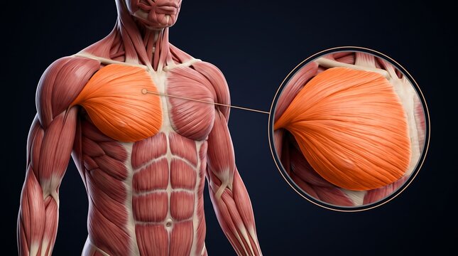 Detailed anatomical illustration of the human male chest muscles, specifically highlighting the pectoralis major with a magnified view.