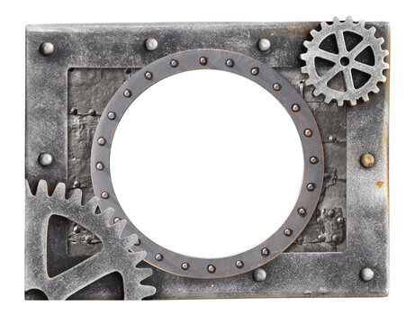 Steampunk industrial mechanical mockup template with metallic frame. Metallic frame with vintage metal detail, gear, retro rivets. Copy space. Isolated on white. Vintage industrial frame mockup design