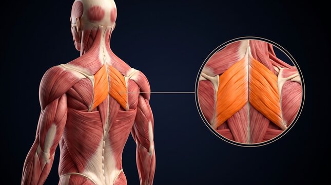 Detailed anatomical illustration of the human back muscles, highlighting the rhomboids.