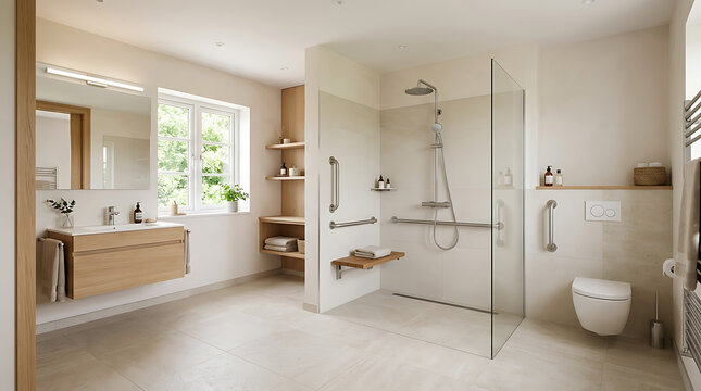 An accessible residential bathroom with a glass shower enclosure and a floating wooden vanity unit.