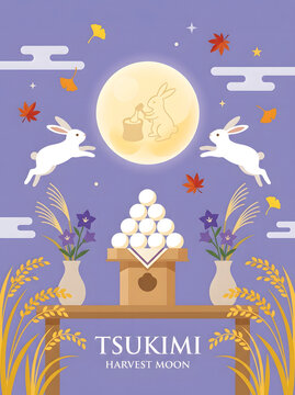 Tsukimi Japanese Moon Viewing Festival Illustration with Rabbits and Rice Dumplings