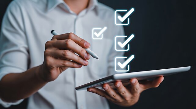Business professional checking tasks on tablet with digital checklist