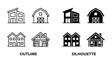 Fototapeta premium House Icons Set: A collection of minimalist icons representing various house types, including modern homes, barns, and log cabins, presented in both outline and silhouette styles.