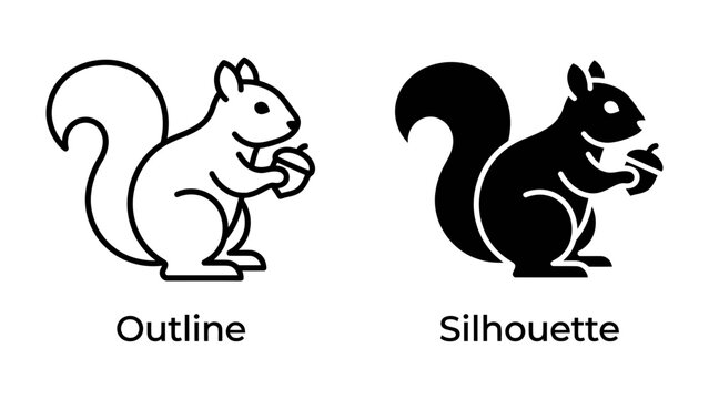 Squirrel Icon: A graphic representation showcasing a squirrel in both outline and silhouette form, holding an acorn.