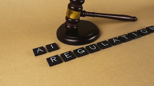 Judicial gavel standing next to the words AI regulation, spelled out with black tiles on a light brown background. The scene symbolizes legal frameworks and governance for new technology