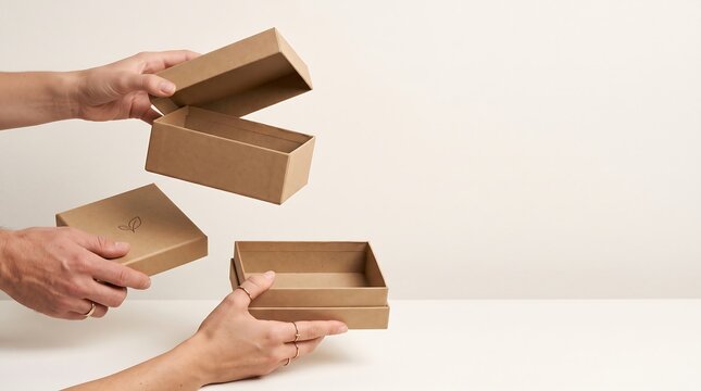 Hands Opening Small Cardboard Boxes In Air