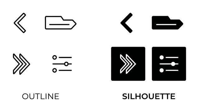 Outline and Silhouette Icons: A comparison of outline and silhouette icons, including navigation arrows and settings sliders, demonstrating contrast and design variations.