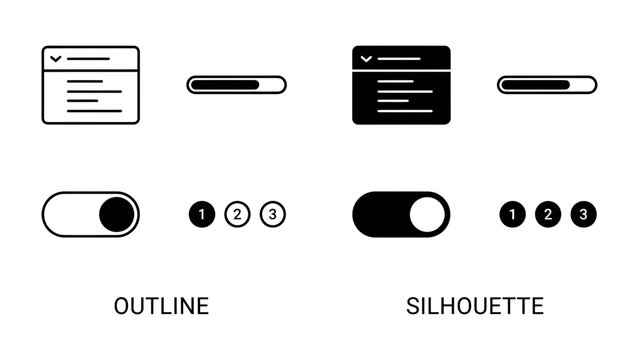 User Interface Elements: A collection of essential UI components, including outline and silhouette styles of windows, loading bars, toggles, and numbered indicators.