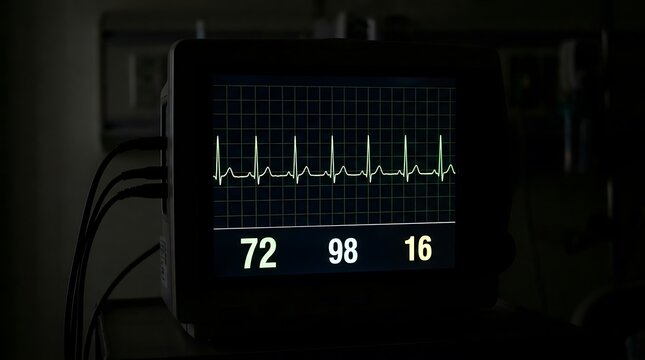 ECG, heart rate, and vital signs on a medical monitor in a dark hospital room.