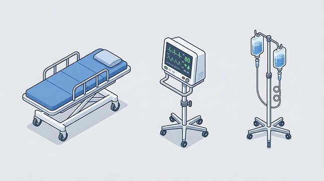 Essential hospital medical equipment: isometric vector set for patient care and monitoring