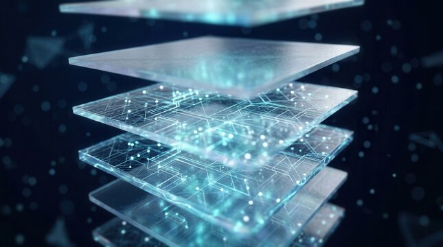 Abstract stack of shimmering digital layers featuring interconnected data points.