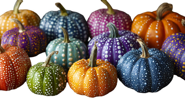 Vibrant, patterned pumpkins in assorted hues create a festive autumn display, suitable for seasonal marketing materials