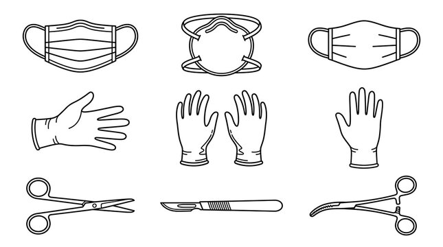 Medical icons set featuring face masks, latex gloves, and surgical tools.