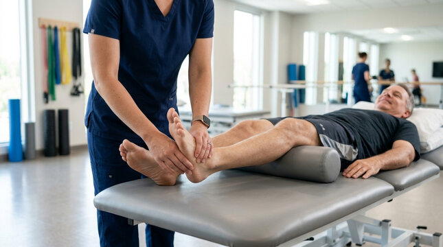 Physical therapist massaging senior man's foot on examination table