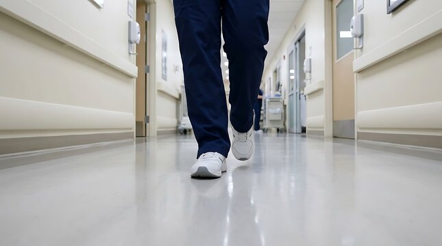 Medical worker in blue scrubs walking through bright hospital corridor.