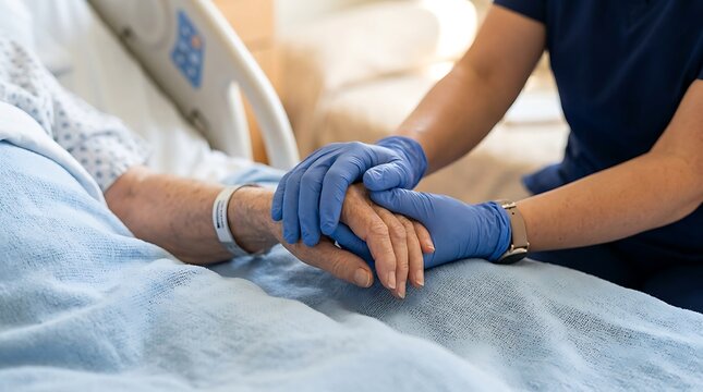 Nurse in blue gloves holding elderly patient hand in hospital for comfort