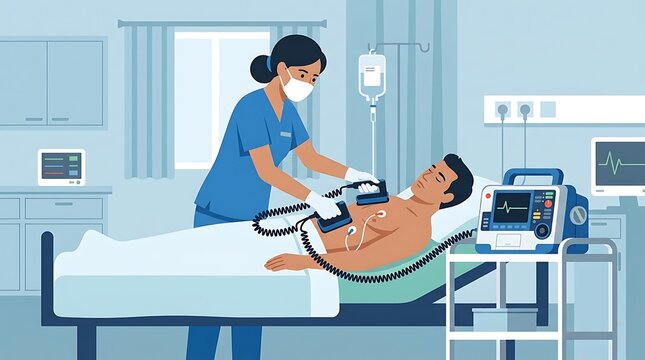 Nurse performs emergency defibrillation on a male patient in a hospital room, saving his life.
