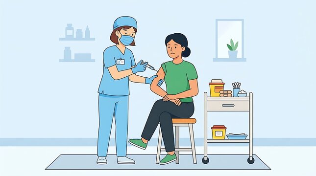 Nurse vaccinates woman patient with a syringe in a medical clinic room, focusing on health prevention.