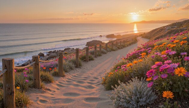 Warm golden-hour light bathes a winding sand path edged by rustic wooden post-and-rope fencing, dense blooms of pink and orange daisies