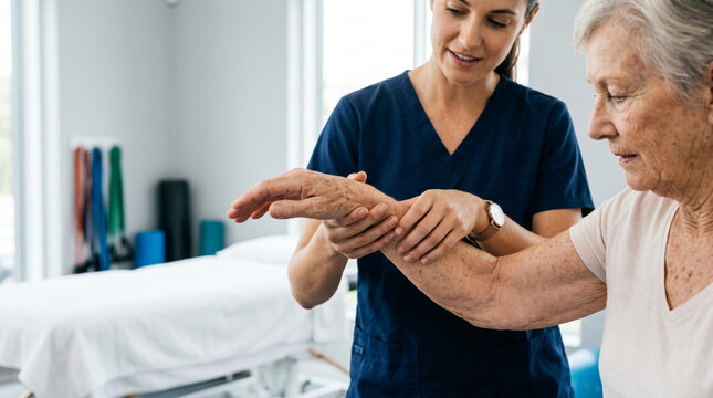 Physical Therapy Session: Nurse Assists Elderly Woman with Wrist Exercise