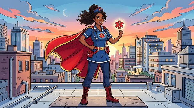 Superhero nurse with cape standing on a city rooftop at sunset illustration