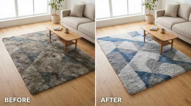 Before and after transformation of a wool rug view dirty area