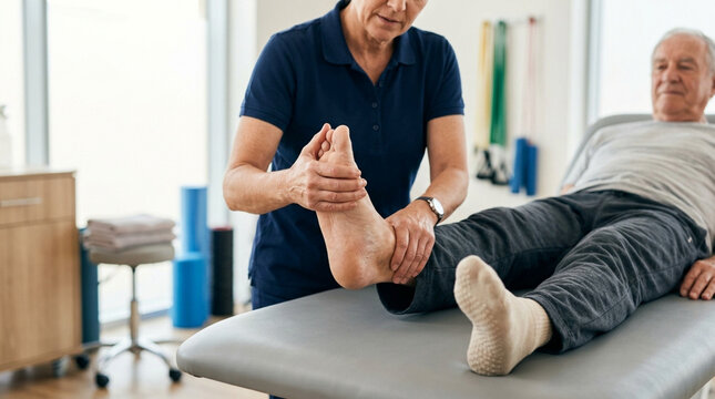 Physiotherapist examines elderly man's foot during rehabilitation therapy session
