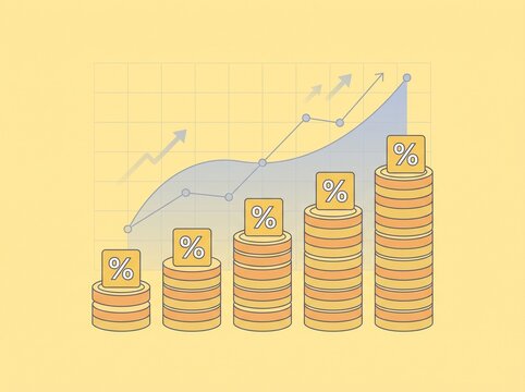 Financial growth illustration featuring rising coin stacks with percentage symbols and an upward trending line graph on a yellow background