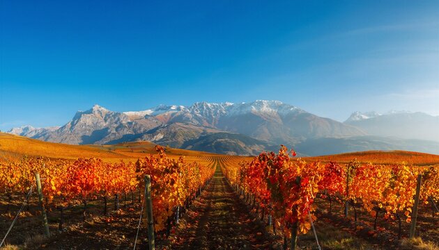 Autumn Vineyard Rows Glowing Red and Gold Beneath Snow-Capped Mountain
