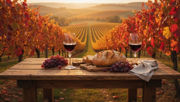Two crystal red wine glasses with rustic bread and grapes on weathered table