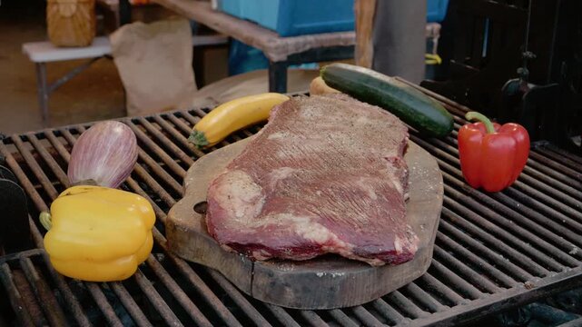 A raw beef steak is placed on a chopping board at a street food festival in Bukovina. Nearby, there are colorful vegetables ready for grilling.