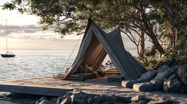 Tranquil Waterside Tent for Relaxation, Inviting Sunset View, Green Surroundings, Calm Ocean, Cozy Outdoor Lounge Area, Ideal for Peaceful Getaways