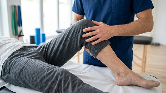 Physiotherapist examining patient's knee during physical therapy session