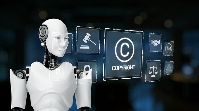 A futuristic robot stands in a modern office space, displaying an array of digital copyright icons. This image represents the blend of technology and intellectual property protection. Synapse