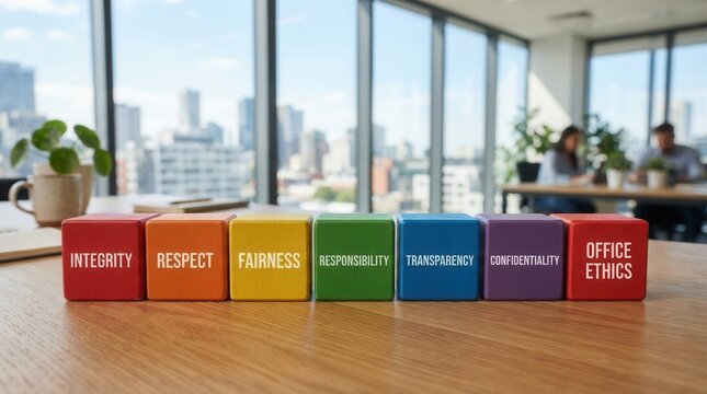 Business ethics concept with colorful blocks displaying words Office on wooden representing workplace