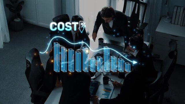A business team collaborates in a modern office, analyzing financial data through visual graphs depicting cost percentages, highlighting teamwork and strategy. Raster