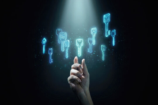 Hand reaching toward glowing digital keys floating in dark space