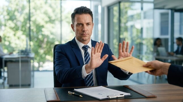 Businessman using both hands to reject an illegal bribe envelope in a professional office setting.