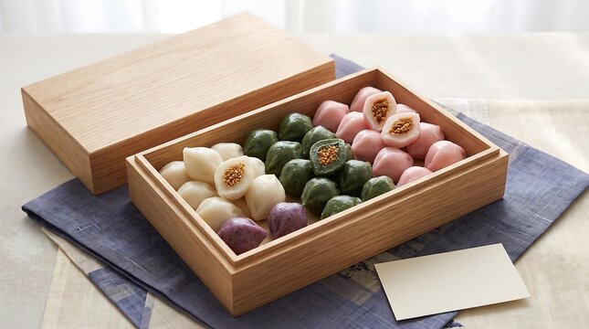 Korean songpyeon gift box set with lid resting on top and a closed box beside, three color rice cakes on navy fabric