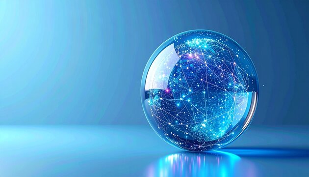 High tech 3D rendering of a glowing transparent sphere containing digital connections on a soft blue background. Suitable for network systems cyber security and data presentations.
