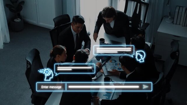 A dynamic team meeting in a modern office featuring digital communication icons that highlight engagement and collaboration among professionals discussing strategies and solutions. Raster