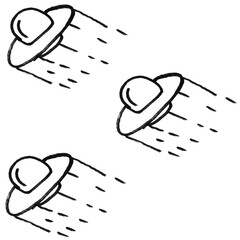 Cartoon Doodle of Flying Saucers UFOs with Trail Dashed Lines on White Background — Alien Invasion Doodle Art   © Amna