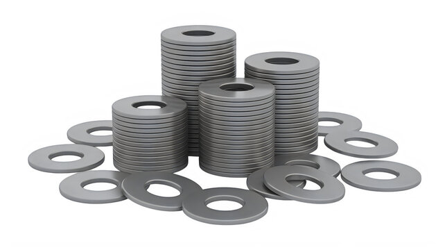 Group of grey plastic industrial parts and flat washers for construction isolated on transparent background